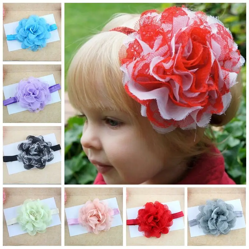 

Elastic small Kid Girl Hair Band Lace Flower Headwear gauze flowers headbands Head Accessories