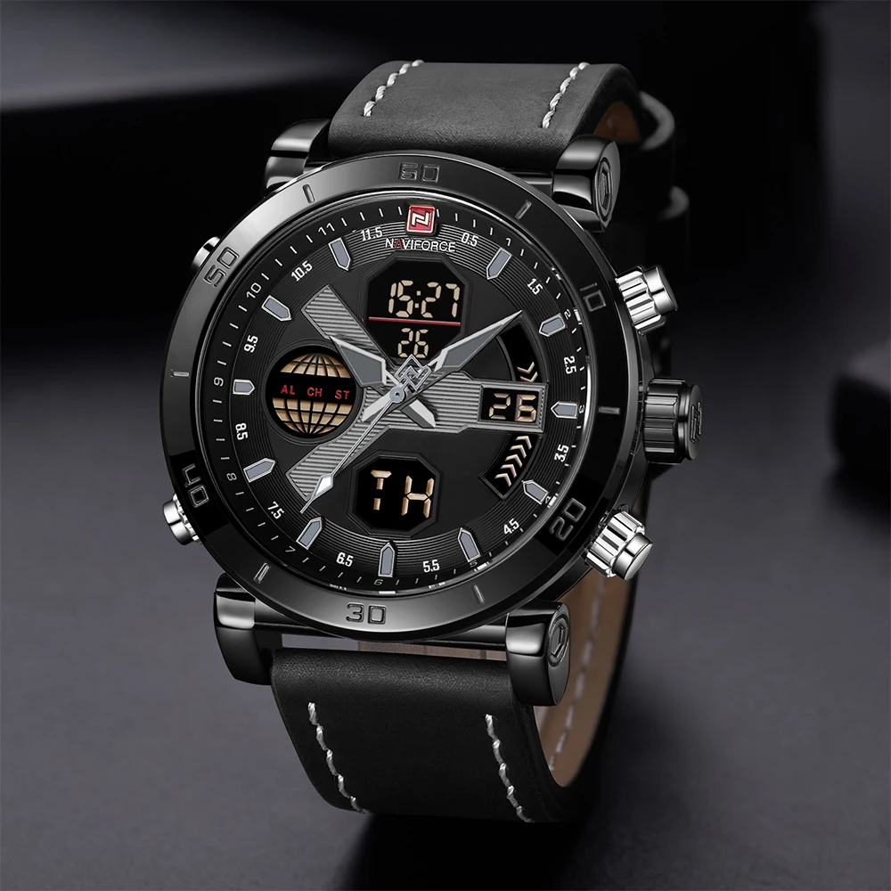 Мужские спортивные часы NAVIFORCE с кожаным ремешком, водонепроницаемые аналоговые цифровые часы, мужские кварцевые наручные часы с хронографом, мужские часы