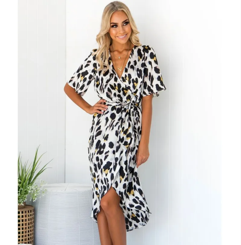 Леопардовое платье Бандажное женские летние пляжные Длинные платья Пляжные Boho