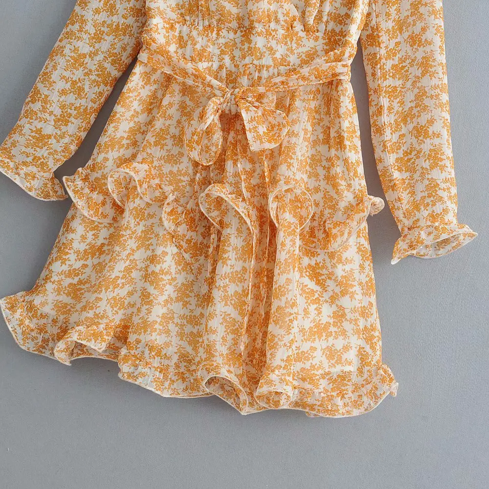 2019 летнее Новое желтое мини-платье с принтом плиссированное кружевное короткое