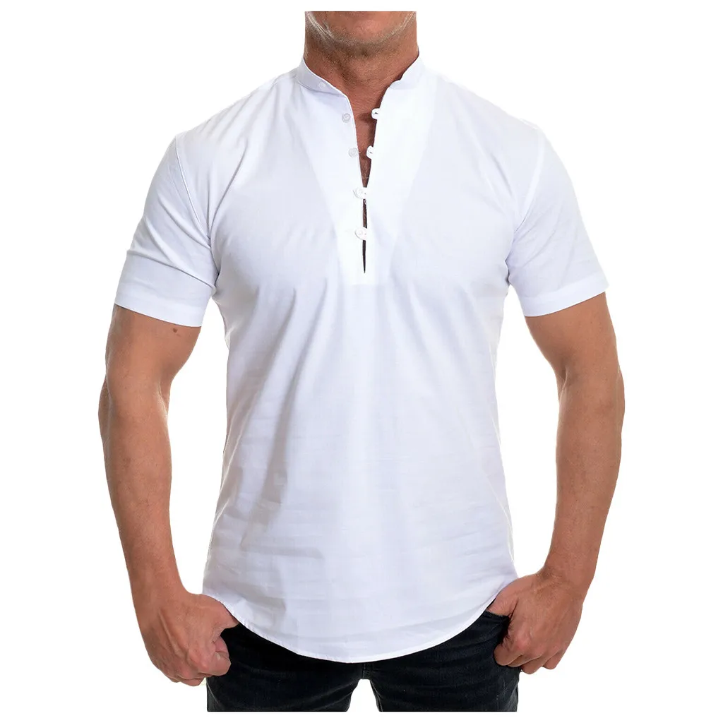 Повседневная однотонная свободная Мужская рубашка на пуговицах с коротким