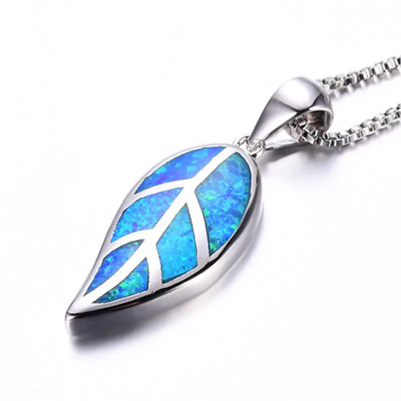 Fashion Blue Fire Opal Leaf Pendants Necklaces For Women Silver Palm Wedding Jewelry