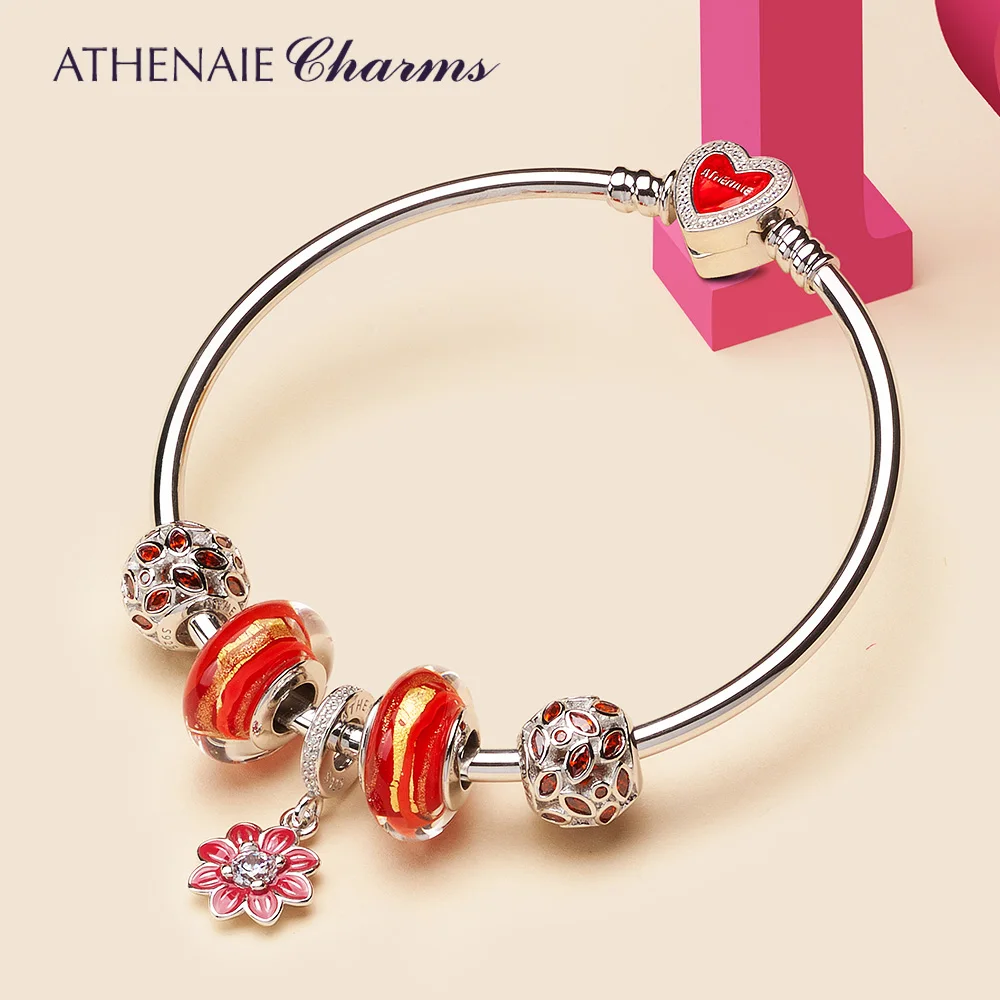 

ATHENAIE Red S925 Bangles Gold Foil Murano Glass Beads & Cherry Enamel Pendant Charm 925 Silver Bracelet For Women Gifts Jewelry