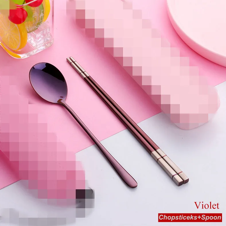 Purple-1 set 1 пара корейских палочек для еды набор ложек многоразовые из нержавеющей стали для суши с длинной ручкой Нескользящие палочки для еды ложка набор инструментов коробка и сумка - Цвет: Purple-1 set