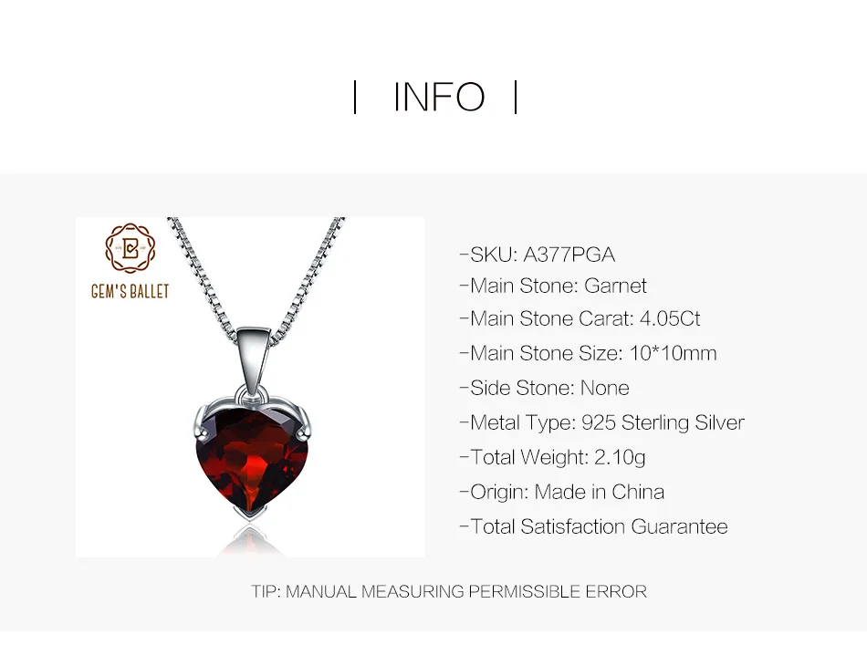 GEM'S балетные 925 пробы серебряные ювелирные изделия в форме сердца 4.05Ct натуральный гранатовый камень кулон ожерелье для женщин подарок на день Святого Валентина