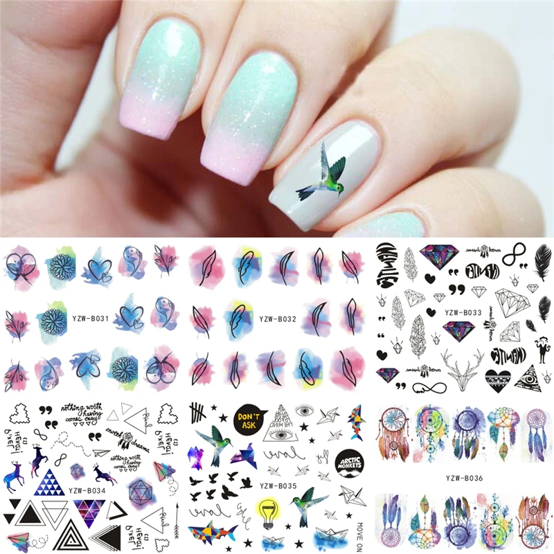 6 листов переводная наклейка для дизайна ногтей перьевая Алмазная с изображением