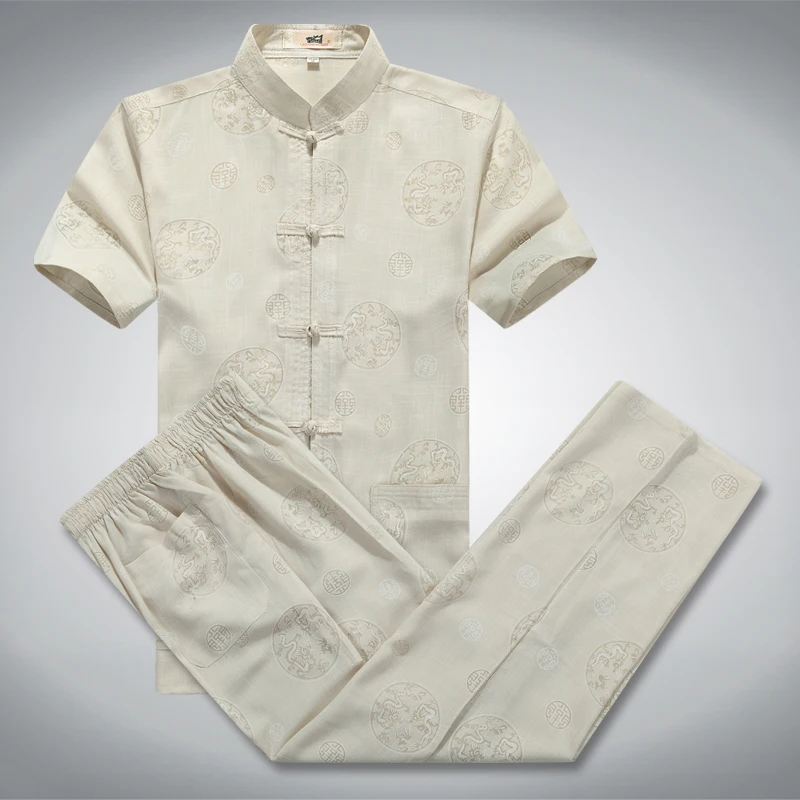 2030beige Традиционный китайский для мужчин китайский дракон одежда Тан костюм Брюки Топы традиционная Мужская одежда для кунг-фу одежда для мужчин - Цвет: 2030beige