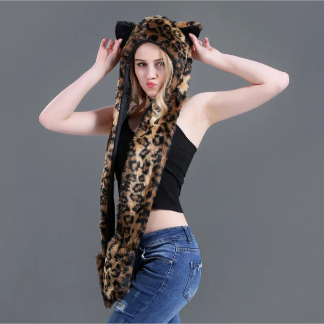 Leopard L Зима Белый Волк аниме лапы уши искусственного животного капюшон капюшоны варежки перчатки шарф на молнии с флисовой подкладкой Плюшевые Косплей Хаски шапка - Цвет: Leopard L