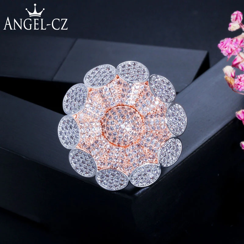 

ANGELCZ Nigerian Big Engagement Ring for Women AAA CZ Pave Setting Silvery Rose Golden Flower Wedding Party Finger Jewelry AR063