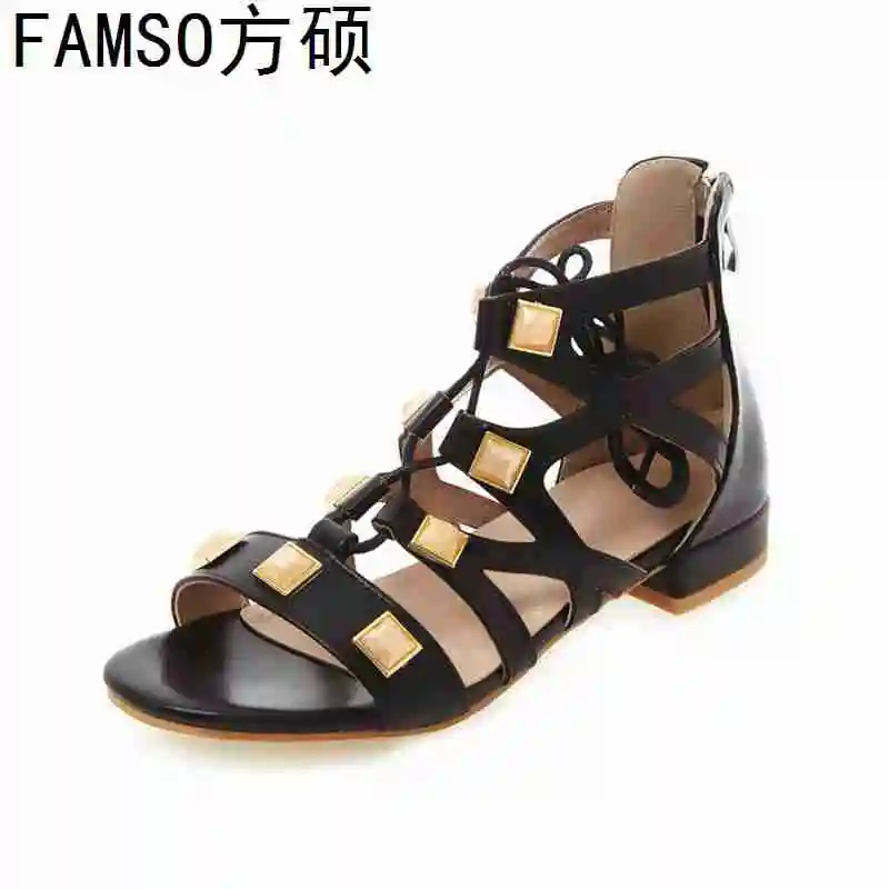 FAMSO 2019 New Women Sandals Black Brown gray Cross-Strap Lace-up Flats Heels Summer Rivets Lady Casual Shoes | Обувь