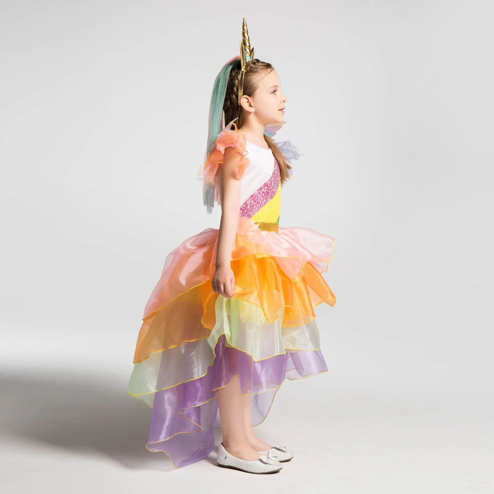 Kids Rainbow Unicorn Dress for Girls Toddler Cosplay Costume Children Princess Hair Hoop Wing Set Halloween Frocks | Детская одежда и