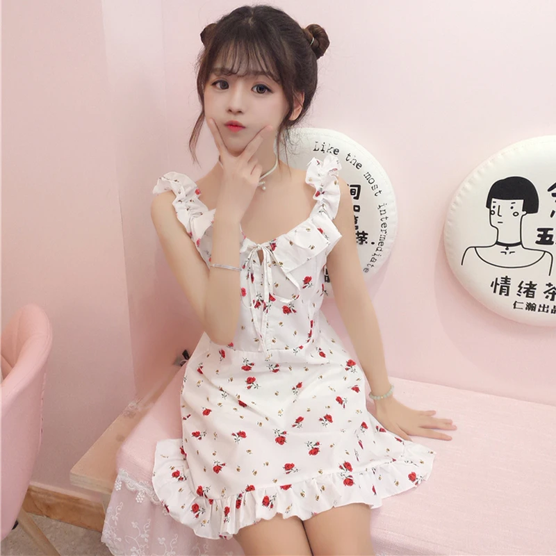 

2018 Mori girl summer new women's Korean fresh girl strap dress loose thin student floral sweet cute Dress