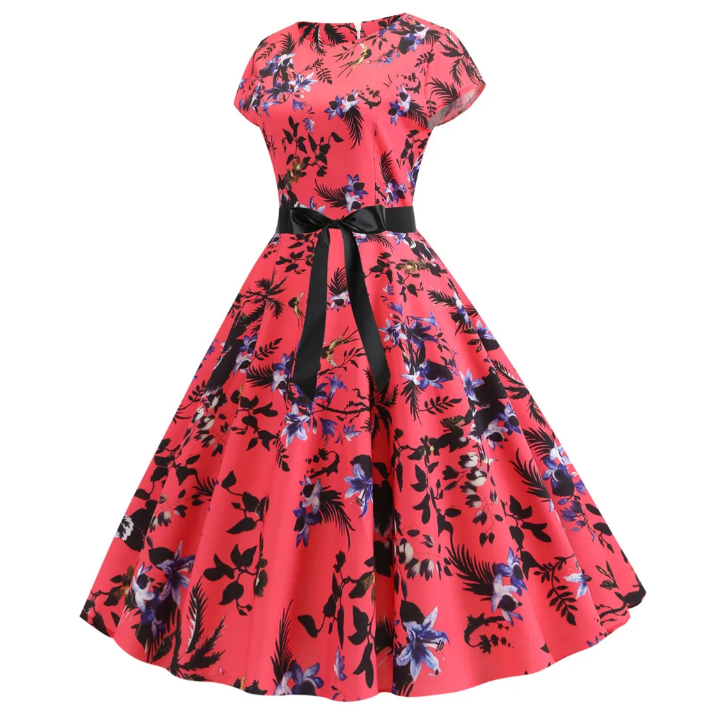 Винтажное платье в горошек летнее женское с цветочным принтом короткий рукав