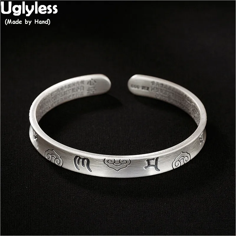 

Uglyless Six-word Buddhism Bangles for Men Women Unisex Open Bangles Real 99.9% Full Silver Fine Jewelry Heart Sutra Bracelets
