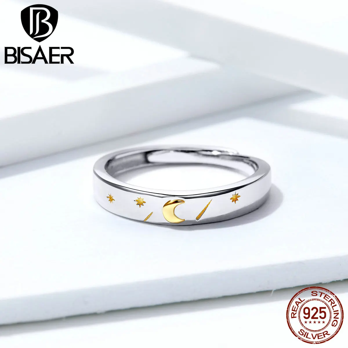 Женское кольцо BISAER с Луной и звездой, 925 пробы, серебряное, с Луной, звездная история, инкрустированные Регулируемые кольца на палец, ювелирные изделия из стерлингового серебра ECR509