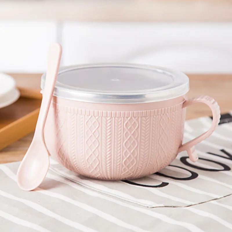 Pink 3 цвета Ramen миска для лапши из нержавеющей стали миска для мороженого фруктовый салат суши миска для рисового супа с крышкой Ложка бытовые кухонные миски - Цвет: Pink