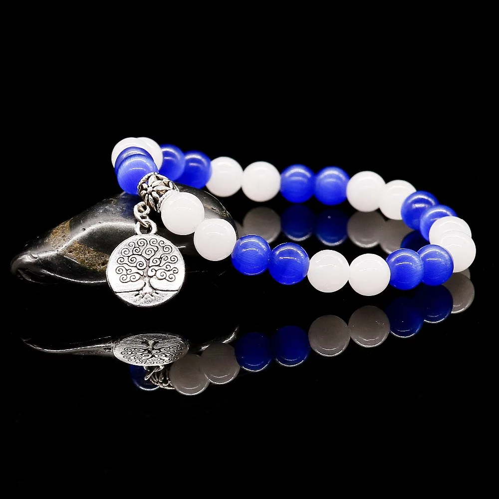 Голубой опал натуральный бисер браслеты белый халцедон эластичная линия браслет