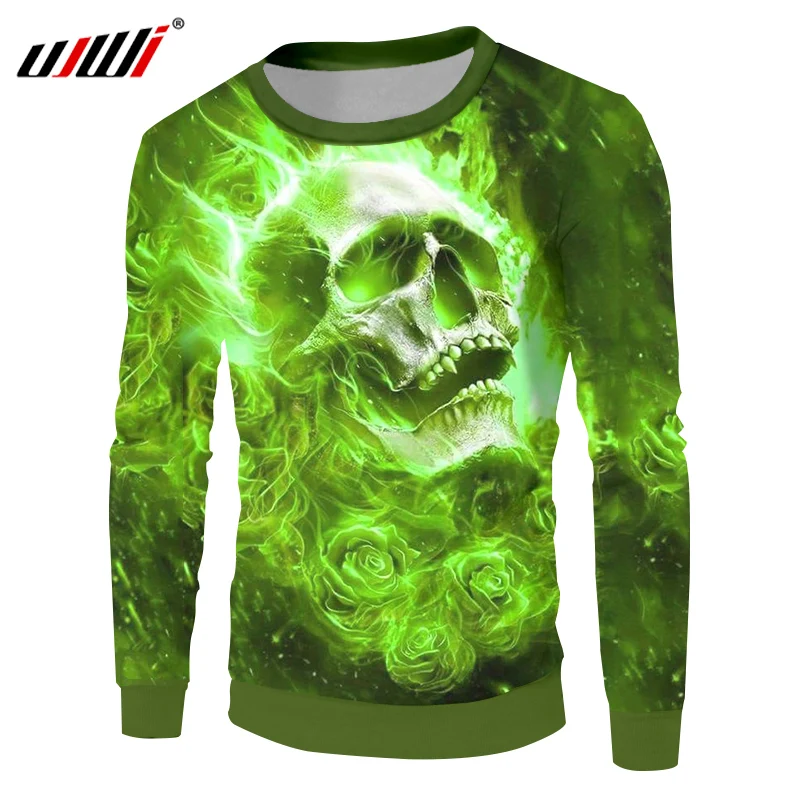 

UJWI Men Hip Hop Streetwear Pullovers Man 3d Cool Print Green Flame Skull Sweatshirts Hoodies 5XL Homme Fit Slim Crewneck Sweats