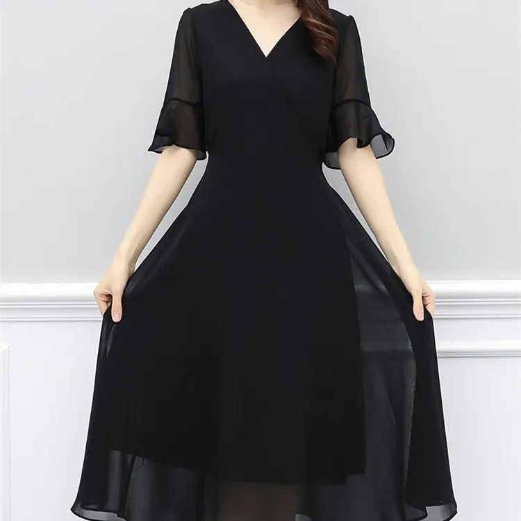 Летнее шифоновое платье модное женское длинное с v образным вырезом Hepburn Черное