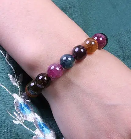 Женский браслет из натурального турмалина с голубым кристаллом | Украшения и