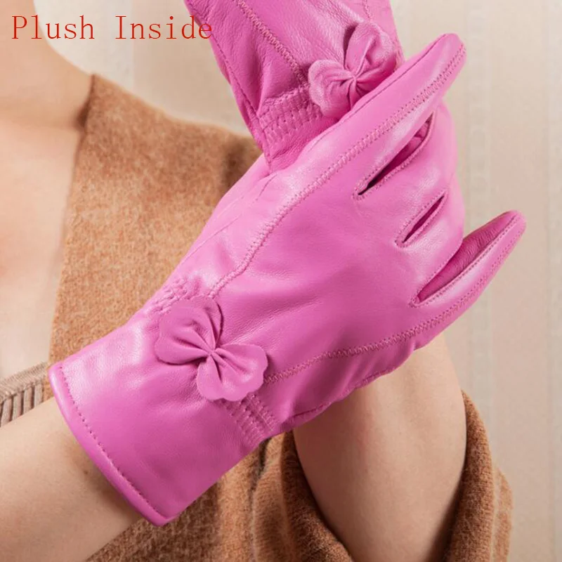 Plush Rose Red Женская обувь из натуральной кожи; из овечьей кожи бабочка knotl перчатки женские зимние тонкие/плотная обувь с подкладкой из плюша, кашемир теплый спортивный костюм с водительские перчатки L74 - Цвет: Plush Rose Red