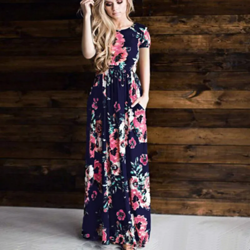 Женское длинное Макси платье 2019 летнее пляжное с цветочным принтом Boho коротким