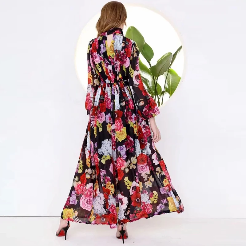 Женское платье макси с цветочным принтом милое длинное длинным рукавом и бантом