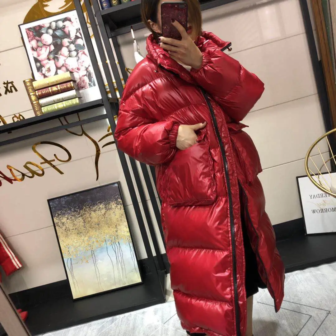 Красный FTLZZ, женское длинное пуховое пальто, зимнее теплое пальто с длинным рукавом, белый утиный пух, парка со стоячим воротником, верхняя одежда, куртка с карманами на молнии - Цвет: Красный