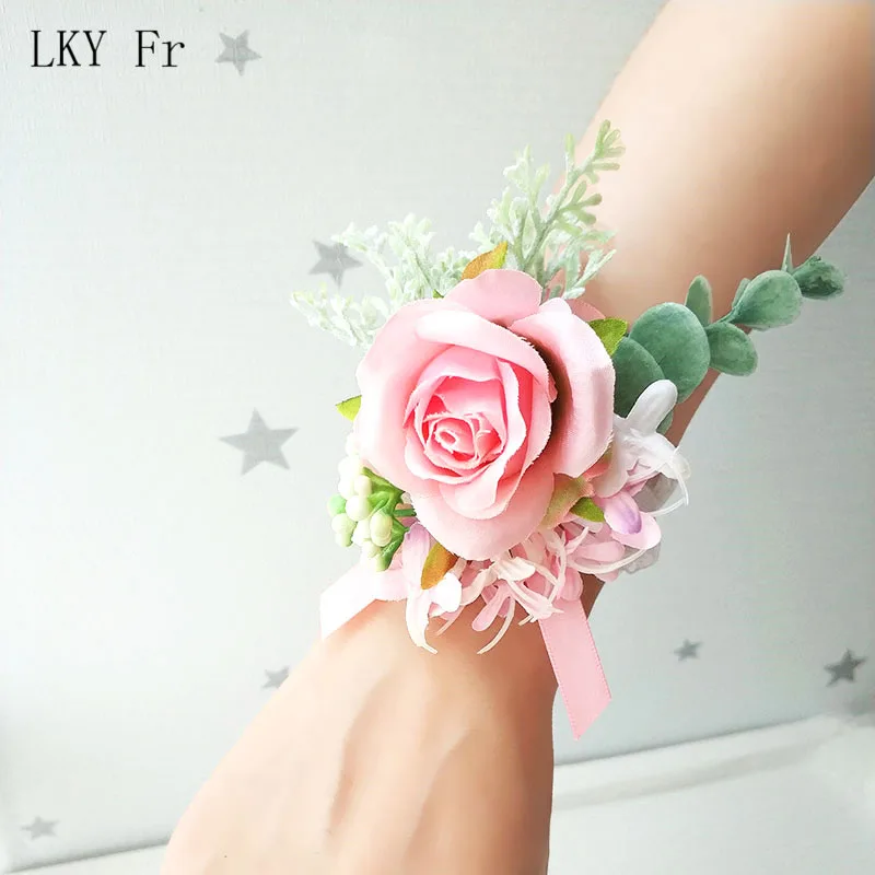 B Wrist Flower Искусственный бутоньерка жениха Бутоньерка Свадебный браслет из цветов подружки невесты белый розовый Шелковый цветок брошь свадебные булавки - Цвет: B Wrist Flower