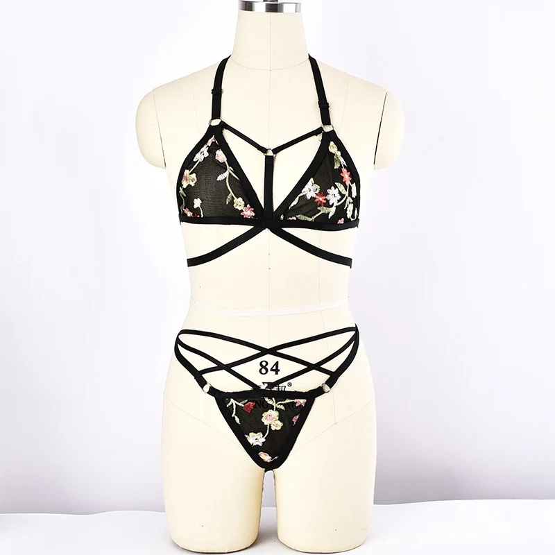 Sexy Lace Embroidery Bra Sets Bralette Lingerie Harness Women Mesh Transparent G-string Sheer Body Set | Женская одежда