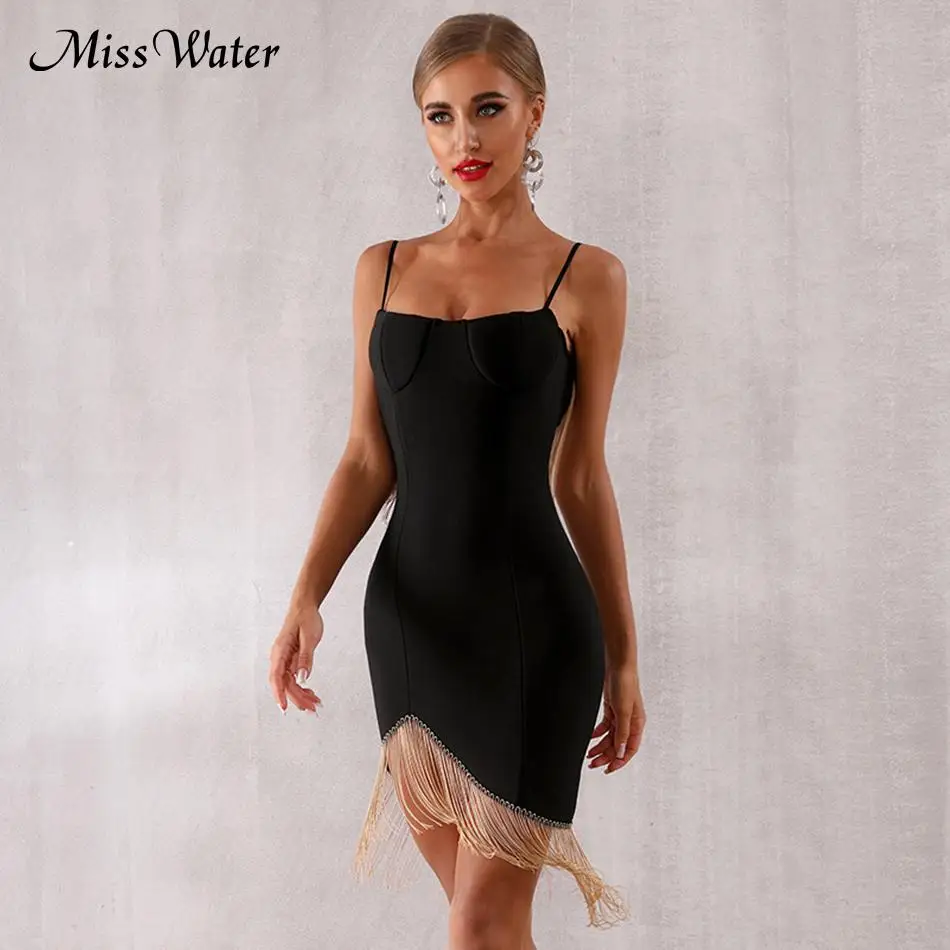 

Miss Water New Celebrity Party Bodycon Bandage Dress Women Spaghetti Strap Tassel Sexy NightClub Backless Dress Women Vestidos