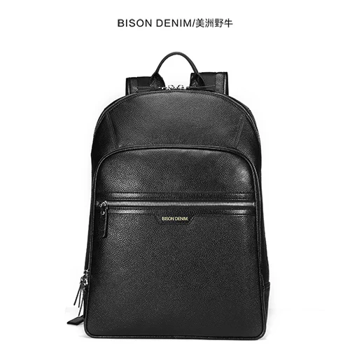 BISON DENIM роскошный мужской рюкзак из натуральной кожи, деловые повседневные мужские рюкзаки для путешествий - Цвет: Черный