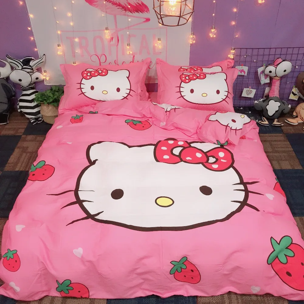 Набор постельного белья из хлопка с рисунком hello kitty, пододеяльник, простыня, наволочка, мягкий, розовый, белый, клубника, король, королева, размер, Комплект постельного белья