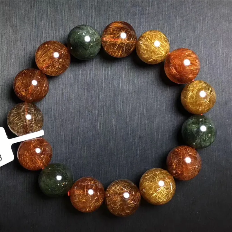 14.5mm Natural Colorful Rutilated Quartz Crystal Bracelet Women Gift Charms Round Bead Stone Cat Eye Stretch Jewelry | Украшения и