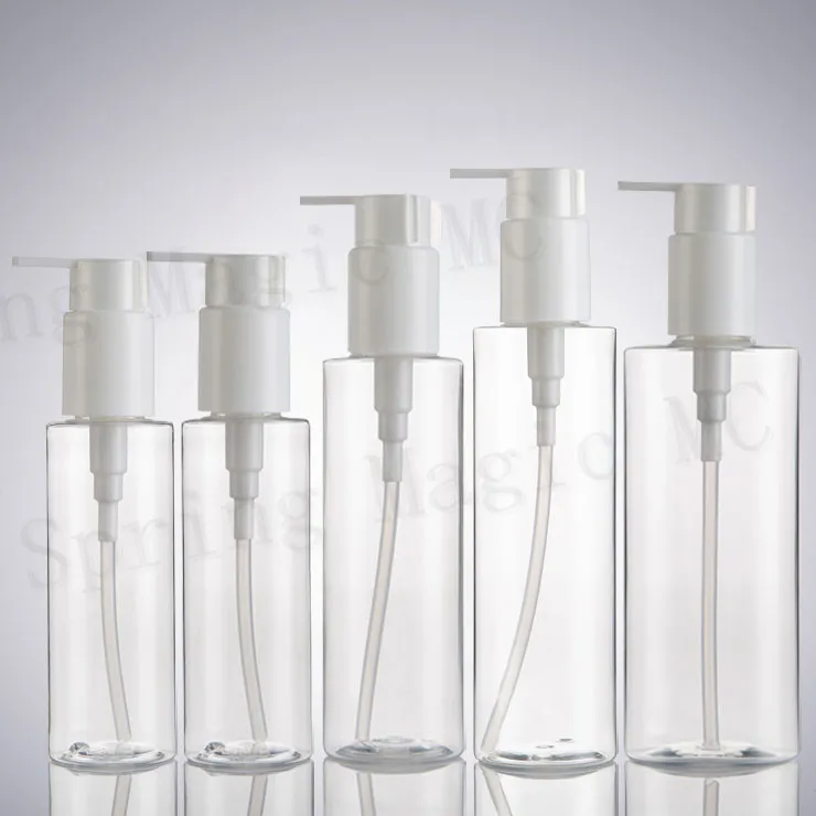 150 мл прозрачная/коричневая ПЭТ пластиковая бутылка с белым прессовым насосом