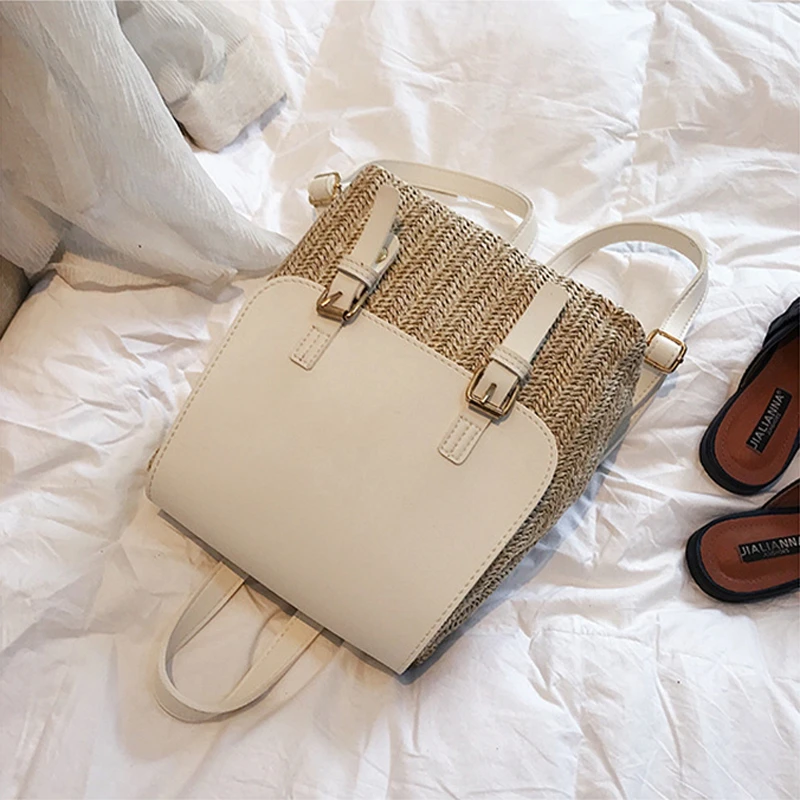 Женский пляжный кожаный соломенный Плетеный рюкзак дорожная сумка через