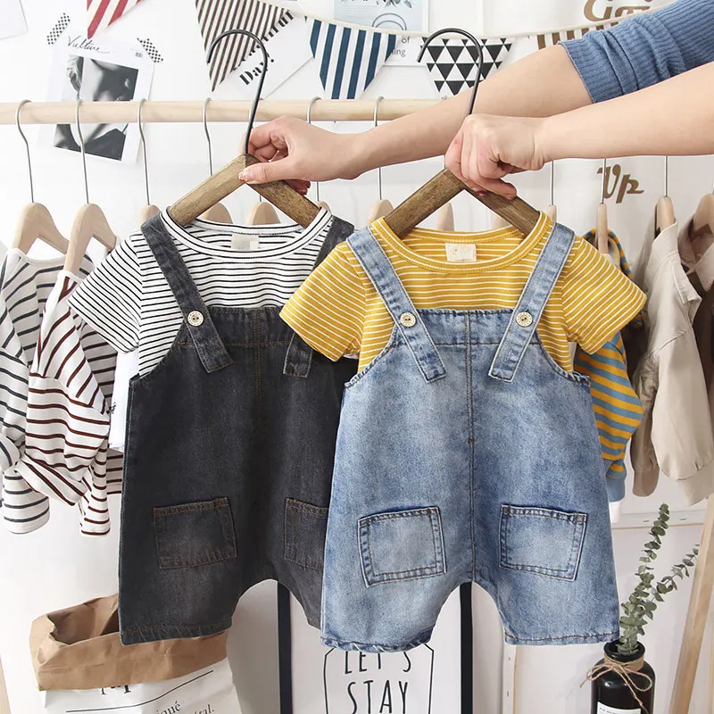 Jeans overalls stripe shirt boy summer clothing set new fashion baby outfits | Детская одежда и обувь