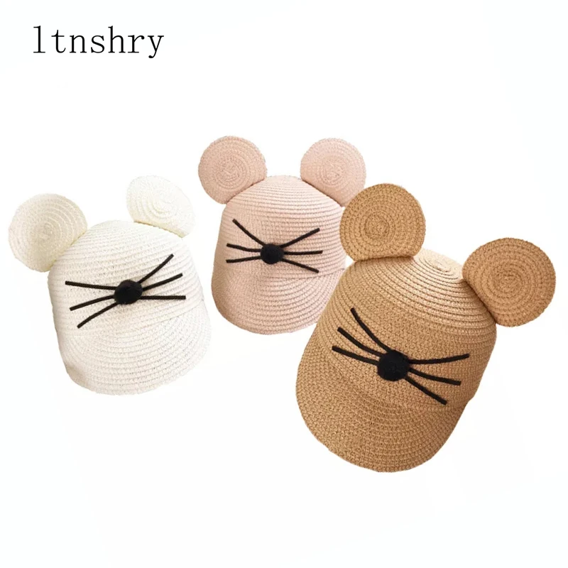 new Summer big ears baby cats hat cute children sunscreen shade sun hat Bucket cap Cartoon image straw hat girl Breathable