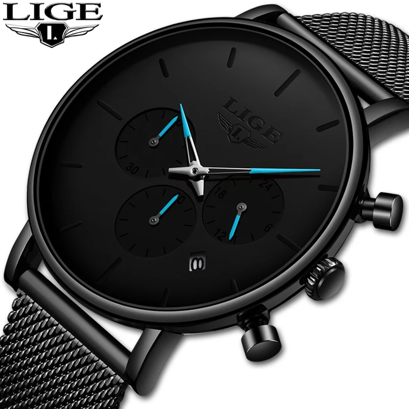 

LIGE Mens Watches Top Brand Luxury Casual Fashion Watch Men Net with Waterproof wristwatch Analog Quartz Watch Relogio Masculino