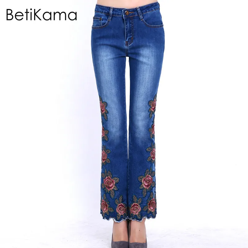 Более Размеры D вышитые Брюки для девочек стрейч Джинсы женщин женщина цветочным