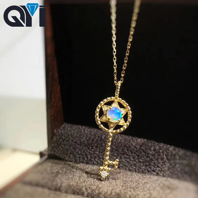 QYI Key ожерелье 18K желтое золото опал натуральный синий Опаловый кулон для женщин