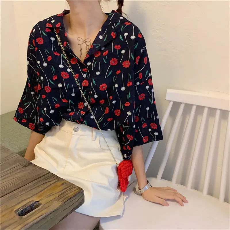 Alien Kitty 2019 Cute Summer Fresh Simple Print Floral Loose Korea Notched All-Match Sweet Casual Three Quarter Sleeves Shirt |