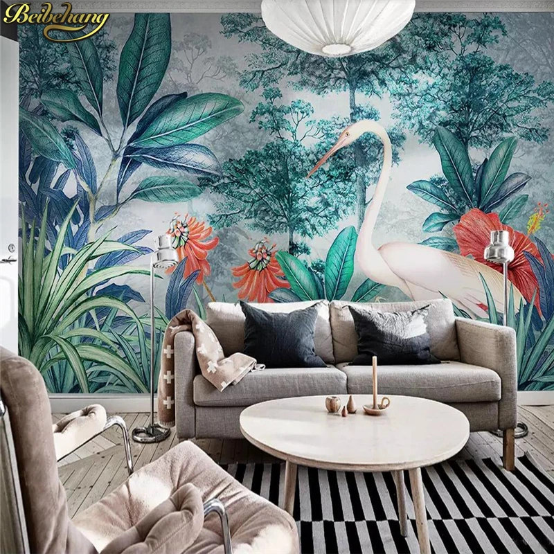 

beibehang Custom photo 3d wallpaper murals European-style hand-painted medieval rainforest banana leaf flamingo garden wall