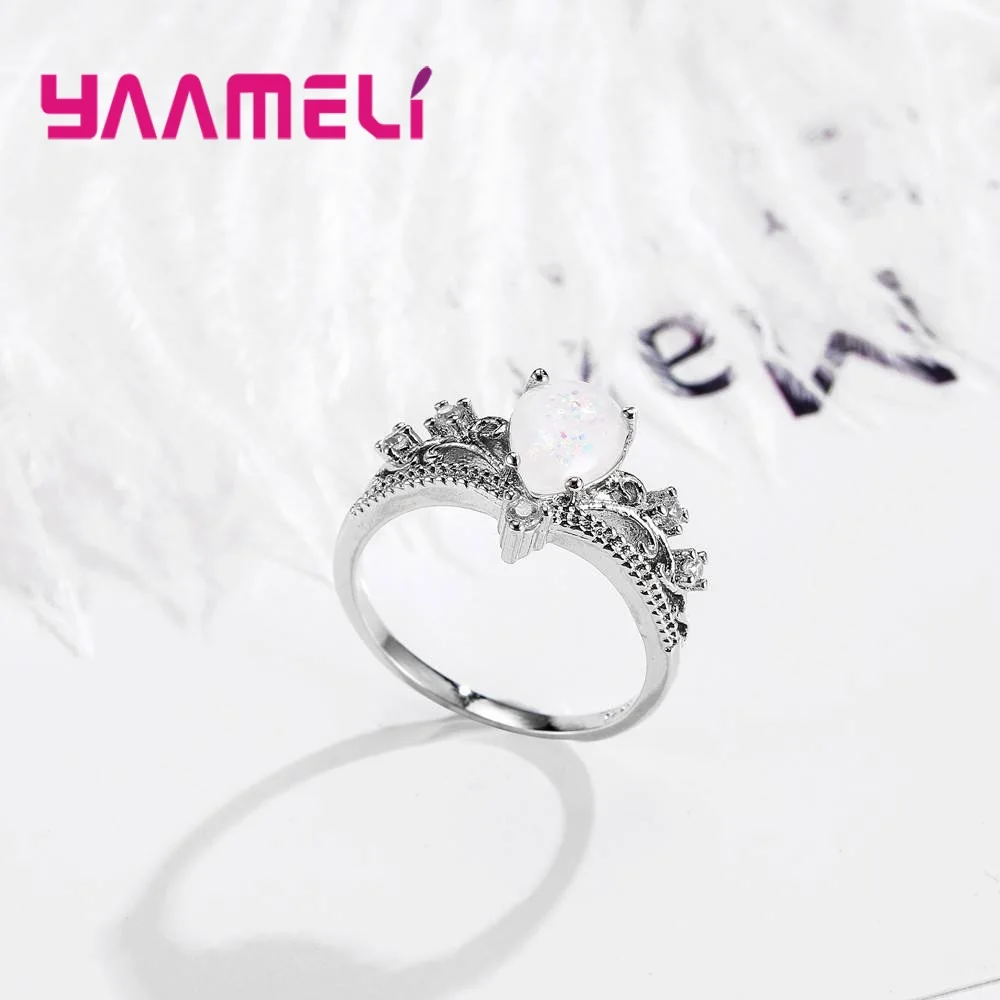Elegant Noble Princess Women Finger Rings Crown Design Water Drop Shape Opal 925 Sterling Silver Cubic Zirconia Jewelry | Украшения и