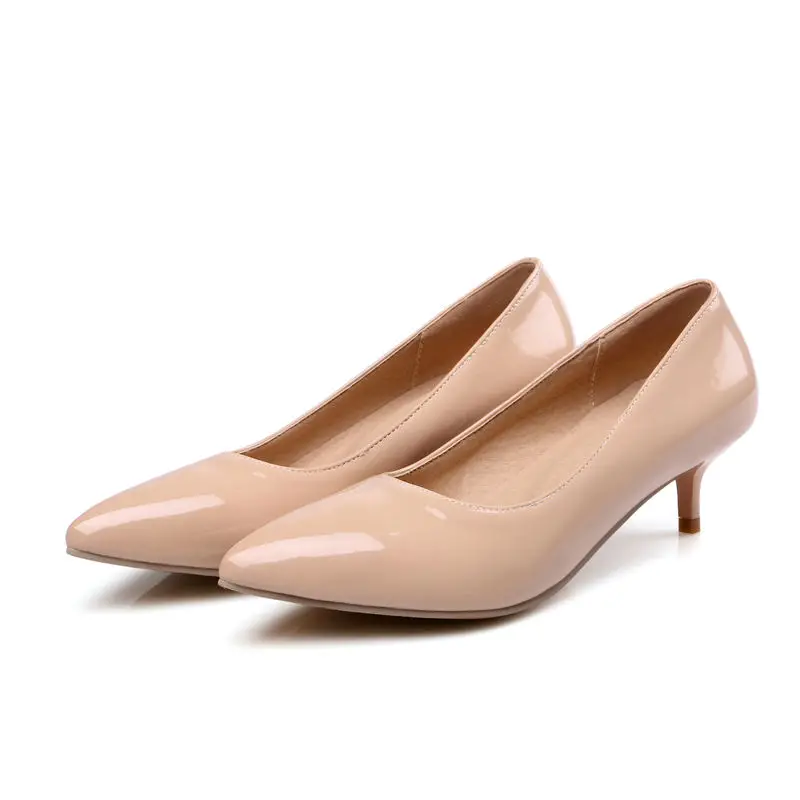 2017 Женская Мода Насосы Спайк Среднего Каблуки Med Указал Toe PU Лакированная Кожа