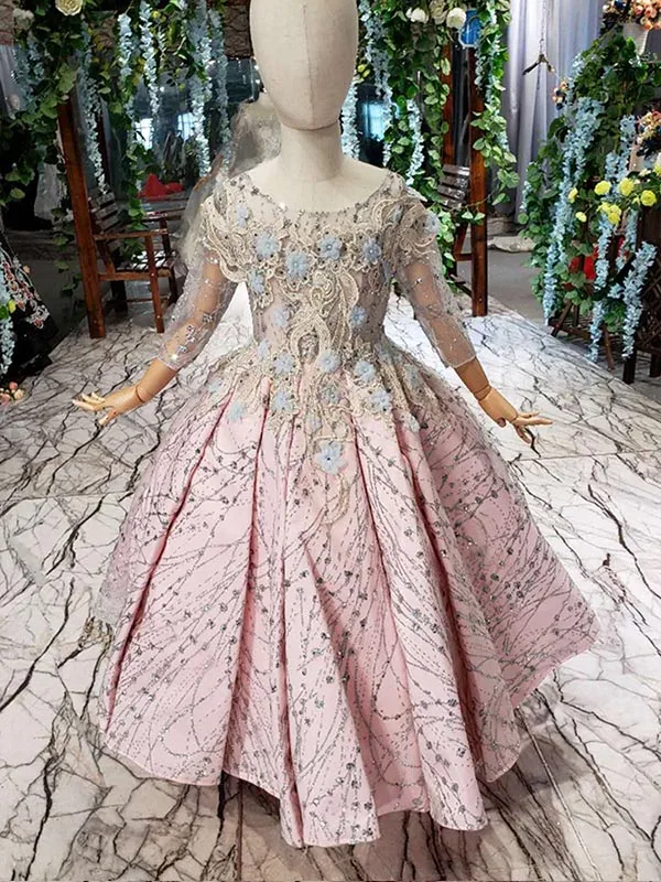 as picture LSS517t розовые пышные платья для девочек с круглым вырезом, фатиновые рукава, платье с цветочным рисунком вечернее платье с бисером для девочек primera comunion decoracion - Цвет: as picture