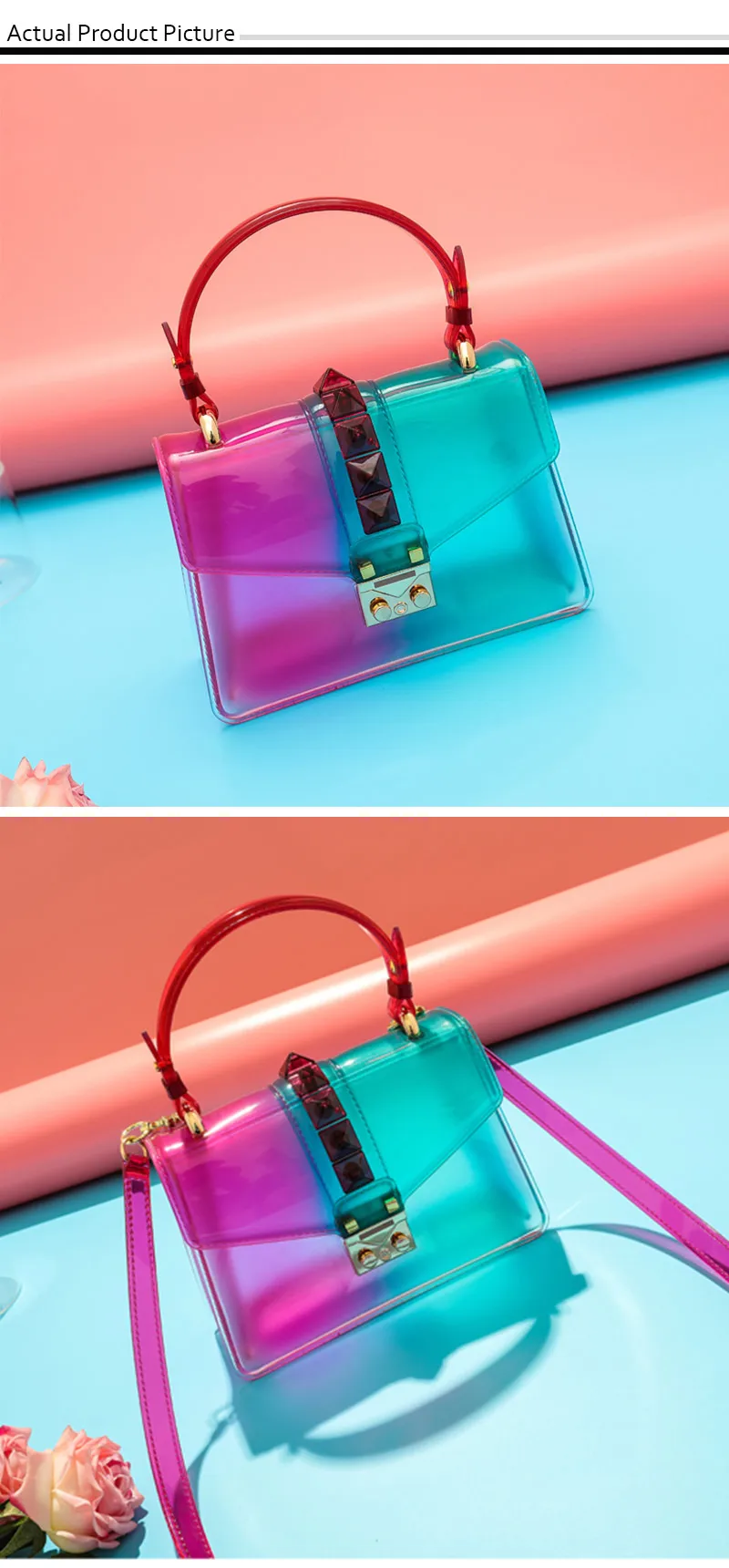Transparent Satchel Handbag Gradients Color Clear Jelly Transparent PVC Rivets Candy Color Tote Bags Crossbody Messenger Bag