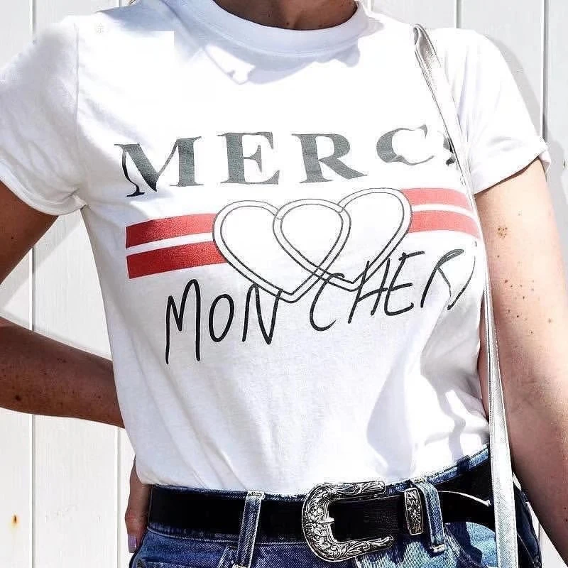 Harajuku летняя белая футболка женская 2020 Merci с принтом сердца Женская в Корейском
