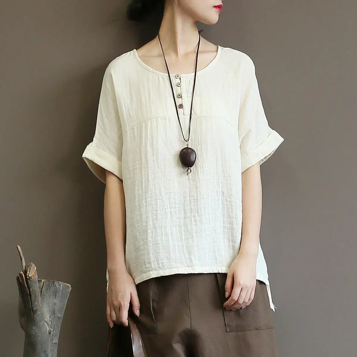 Johnature New Vintage Solid Color T-Shirts 2021 O-Neck Half Batwing Sleeve Patchwork Button Summer Women Casual | Женская одежда