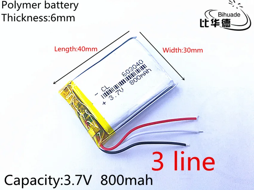 

3 line Free Shipping 3.7V 800mAh 603040 Lithium Polymer LiPo Rechargeable Battery For Mp3 Mp4 Mp5 DIY